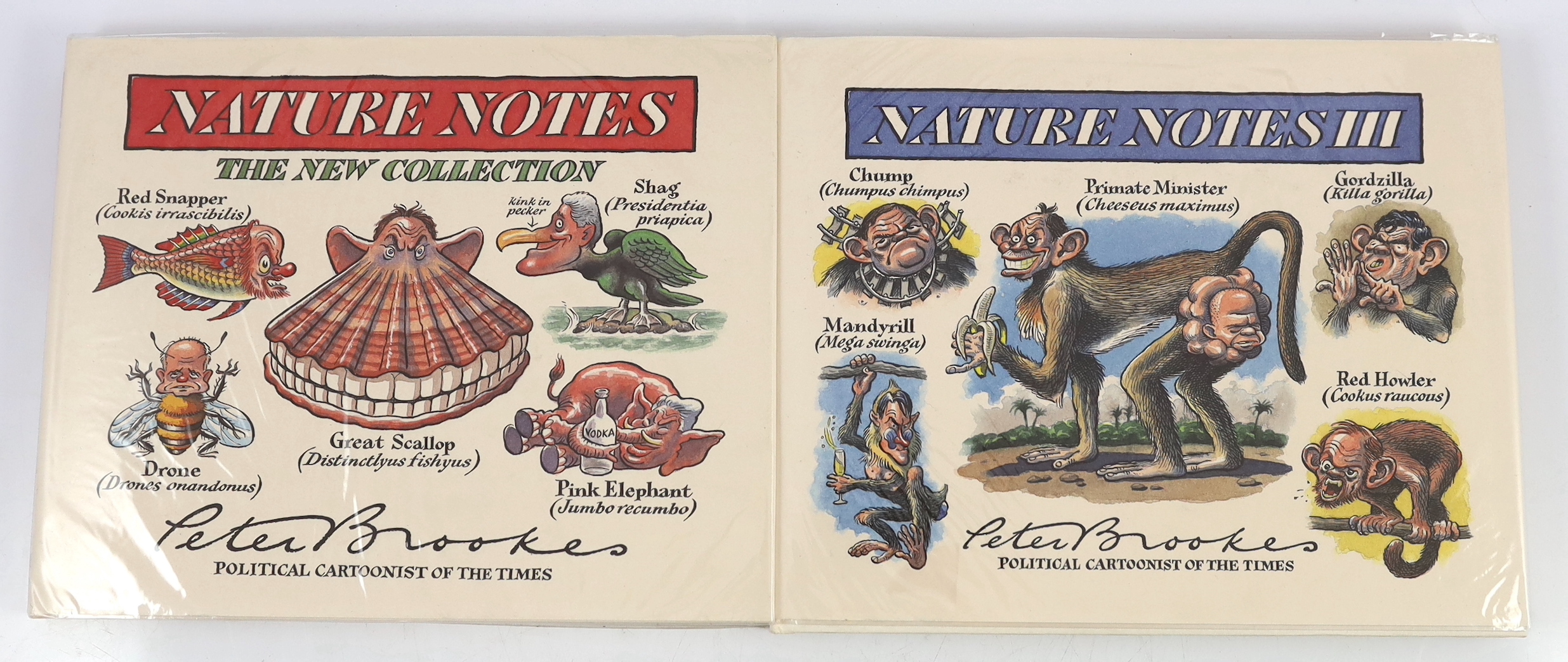 Brookes, Peter. Nature Notes. 1997; Nature Notes. The New Collection. 1999; Nature Notes III. 2001; Nature Notes IV. The Natural Selection. 2004. All signed by the author/artist. Together with four other “Times” cartoon